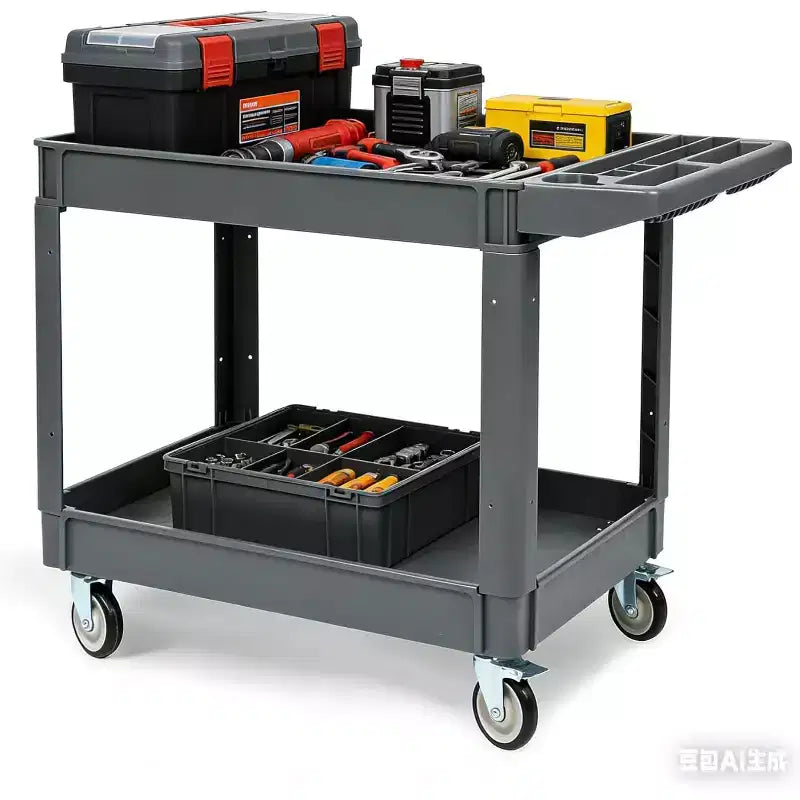 2-Tier Rolling Utility Service Cart with 360 Swivel Wheels & Brakes, 550LBS, Ergonomic Storage Handle for Warehouse/Garage/Cleaning, 40*17 in