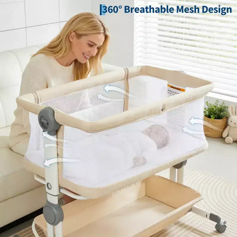 Moïse pour bébé, cododo pour nouveau-né avec grand panier de rangement, matelas confortable, côtés entièrement en maille, berceau de chevet portable réglable sur 6 hauteurs