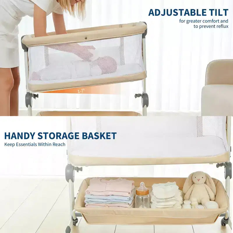 Moïse pour bébé, cododo pour nouveau-né avec grand panier de rangement, matelas confortable, côtés entièrement en maille, berceau de chevet portable réglable sur 6 hauteurs
