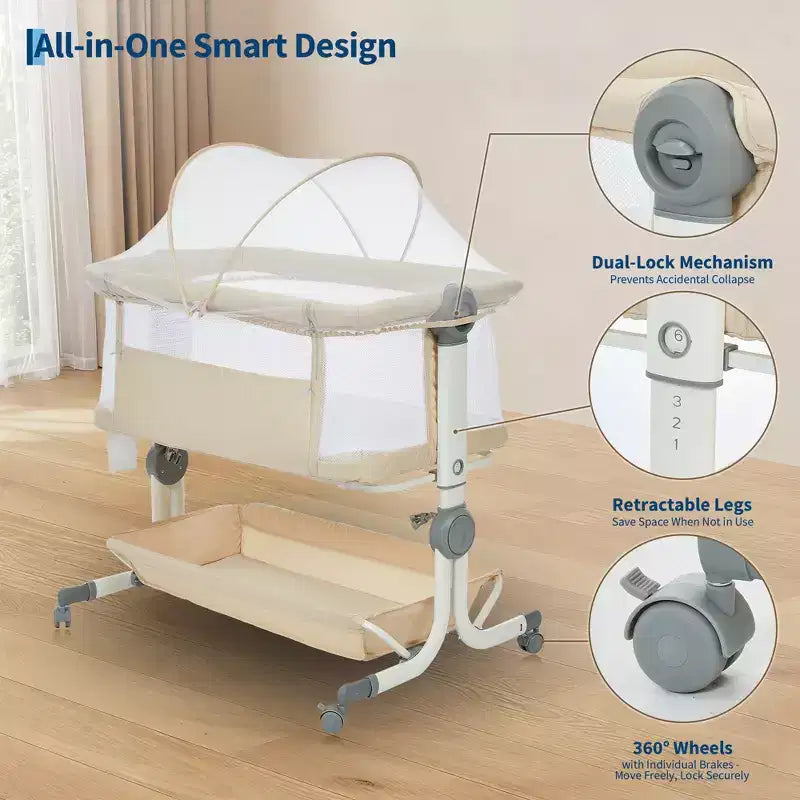 Moïse pour bébé, cododo pour nouveau-né avec grand panier de rangement, matelas confortable, côtés entièrement en maille, berceau de chevet portable réglable sur 6 hauteurs