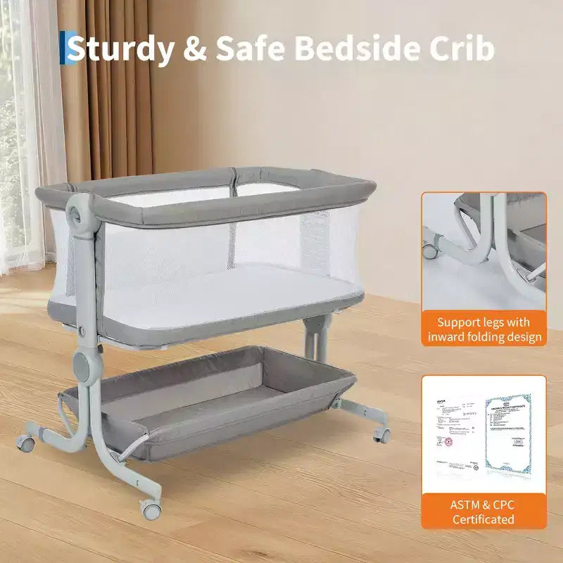 Moïse pour bébé, cododo pour nouveau-né avec grand panier de rangement, matelas confortable, côtés entièrement en maille, berceau de chevet portable réglable sur 6 hauteurs