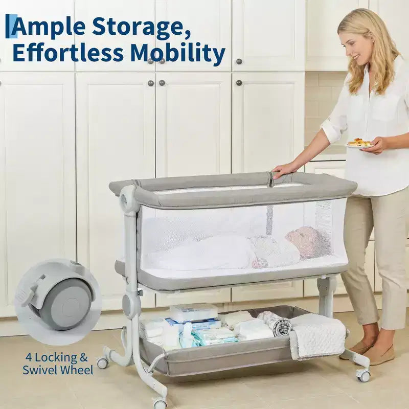 Moïse pour bébé, cododo pour nouveau-né avec grand panier de rangement, matelas confortable, côtés entièrement en maille, berceau de chevet portable réglable sur 6 hauteurs