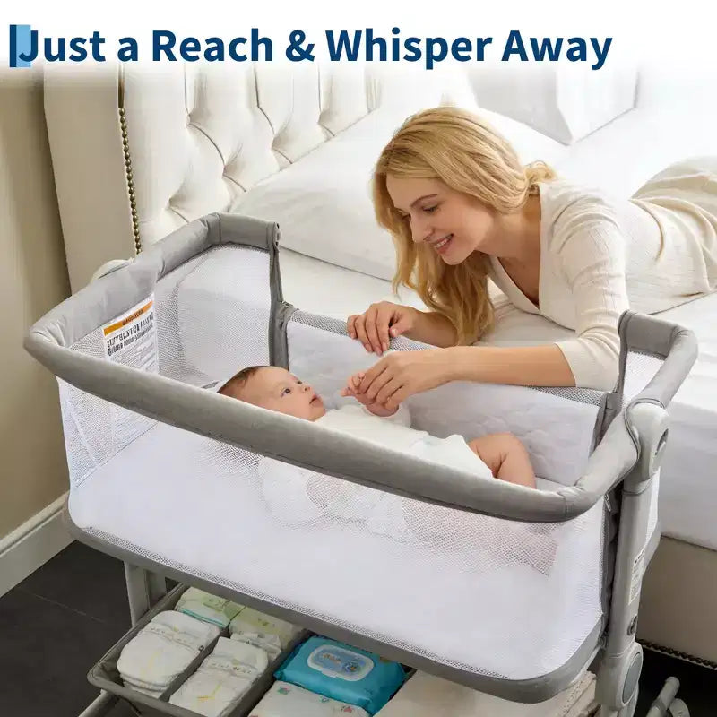 Moïse pour bébé, cododo pour nouveau-né avec grand panier de rangement, matelas confortable, côtés entièrement en maille, berceau de chevet portable réglable sur 6 hauteurs