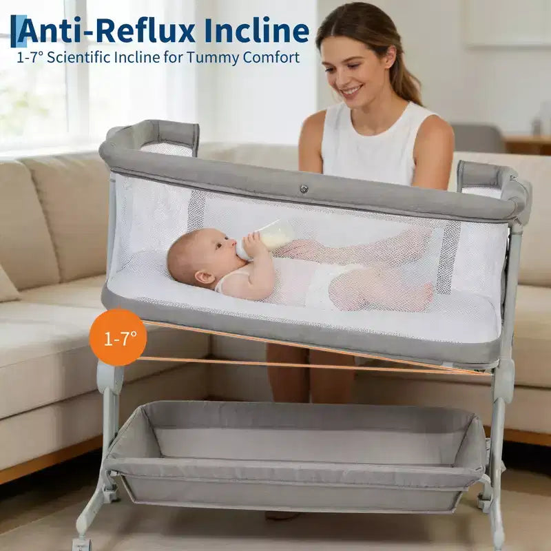 Moïse pour bébé, cododo pour nouveau-né avec grand panier de rangement, matelas confortable, côtés entièrement en maille, berceau de chevet portable réglable sur 6 hauteurs