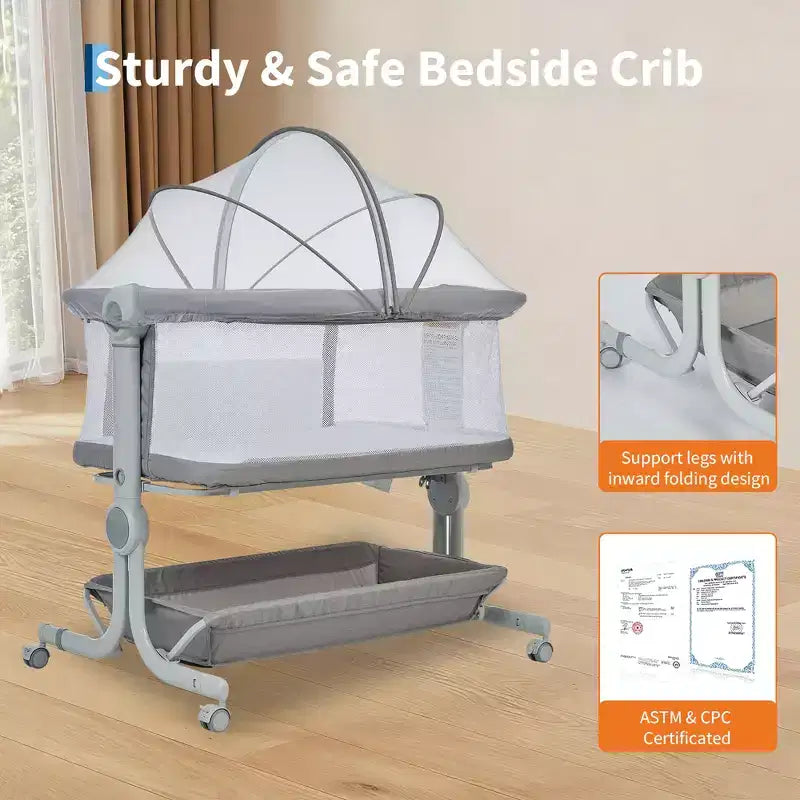 Moïse pour bébé, cododo pour nouveau-né avec grand panier de rangement, matelas confortable, côtés entièrement en maille, berceau de chevet portable réglable sur 6 hauteurs