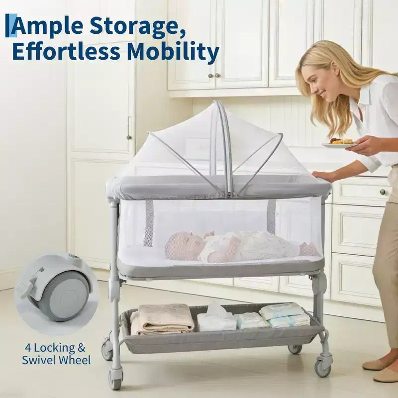 Moïse pour bébé, cododo pour nouveau-né avec grand panier de rangement, matelas confortable, côtés entièrement en maille, berceau de chevet portable réglable sur 6 hauteurs