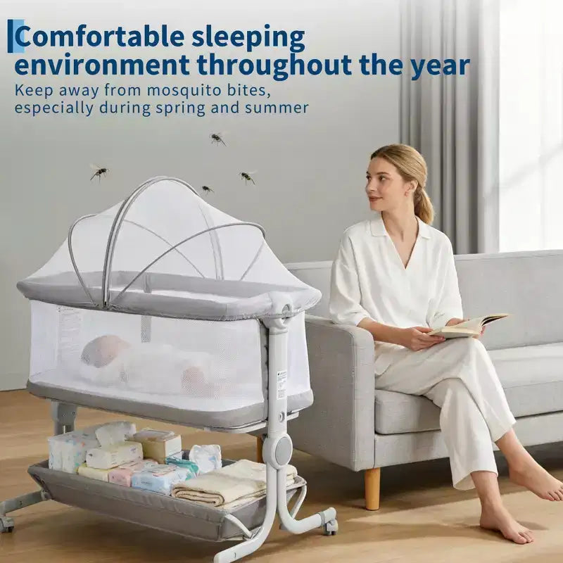 Moïse pour bébé, cododo pour nouveau-né avec grand panier de rangement, matelas confortable, côtés entièrement en maille, berceau de chevet portable réglable sur 6 hauteurs