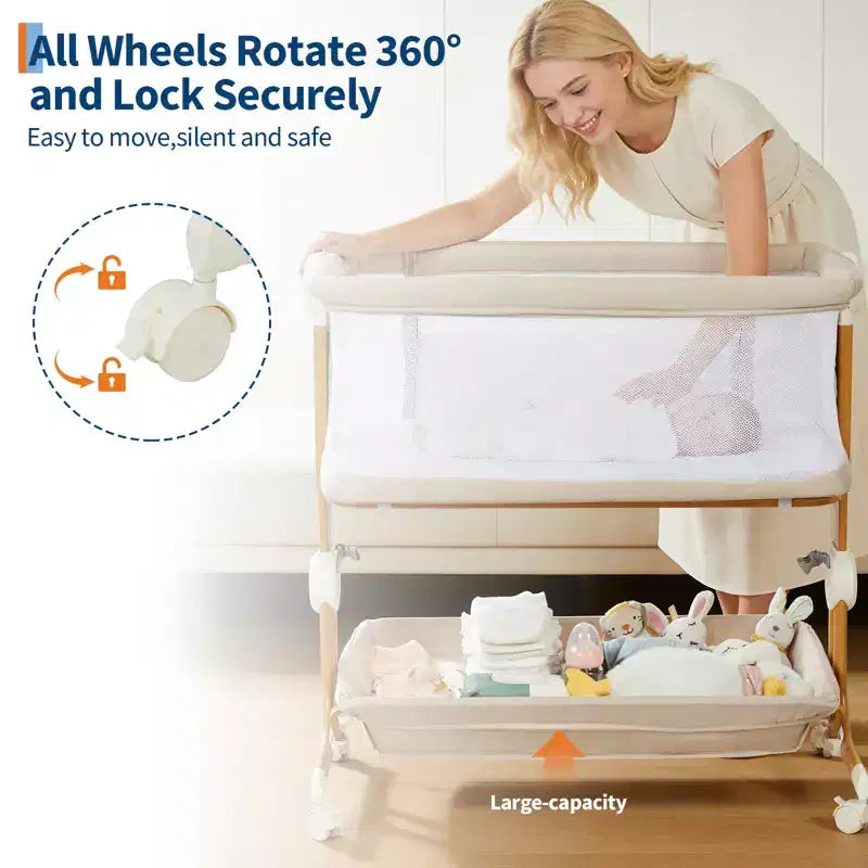 Moïse pour bébé, cododo pour nouveau-né avec grand panier de rangement, matelas confortable, côtés entièrement en maille, berceau de chevet portable réglable sur 6 hauteurs