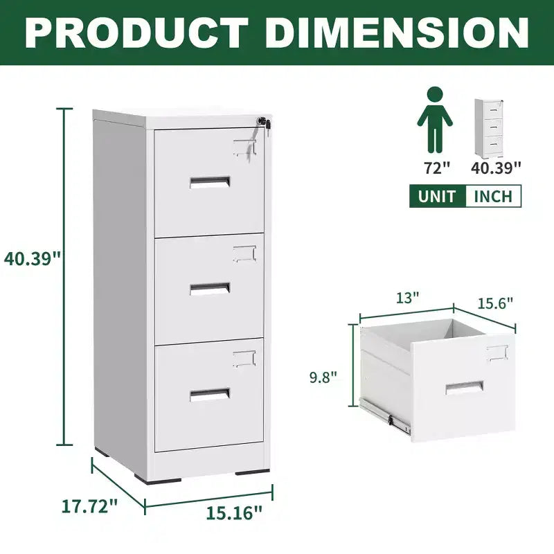 Classeur vertical métallique à 3 tiroirs pour bureau/maison, classeur étroit à roulettes verrouillable