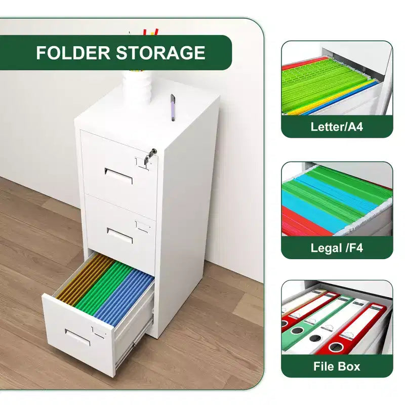 Classeur vertical métallique à 3 tiroirs pour bureau/maison, classeur étroit à roulettes verrouillable