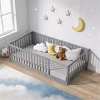 Sailvan Twin Floor Bed with High Fence Railings, Solid Rubber Wood Kids Platform Bed Frame