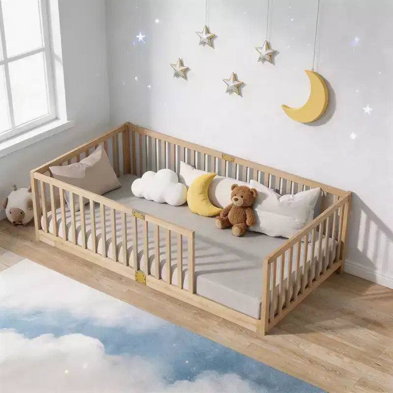 Lit jumeau superposé Sailvan avec barrières hautes, cadre de lit plateforme pour enfants en bois d'hévéa massif