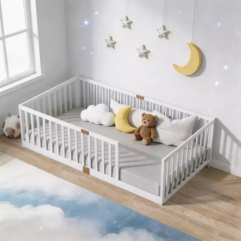 Lit jumeau superposé Sailvan avec barrières hautes, cadre de lit plateforme pour enfants en bois d'hévéa massif