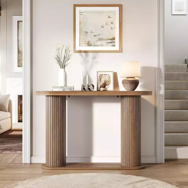 Oval Fluted Entryway Console Table, Modern Narrow Sofa Table Behind Couch with Storage Shelf, Wood Accent Hallway Table for Living Room