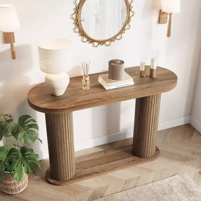 Oval Fluted Entryway Console Table, Modern Narrow Sofa Table Behind Couch with Storage Shelf, Wood Accent Hallway Table for Living Room