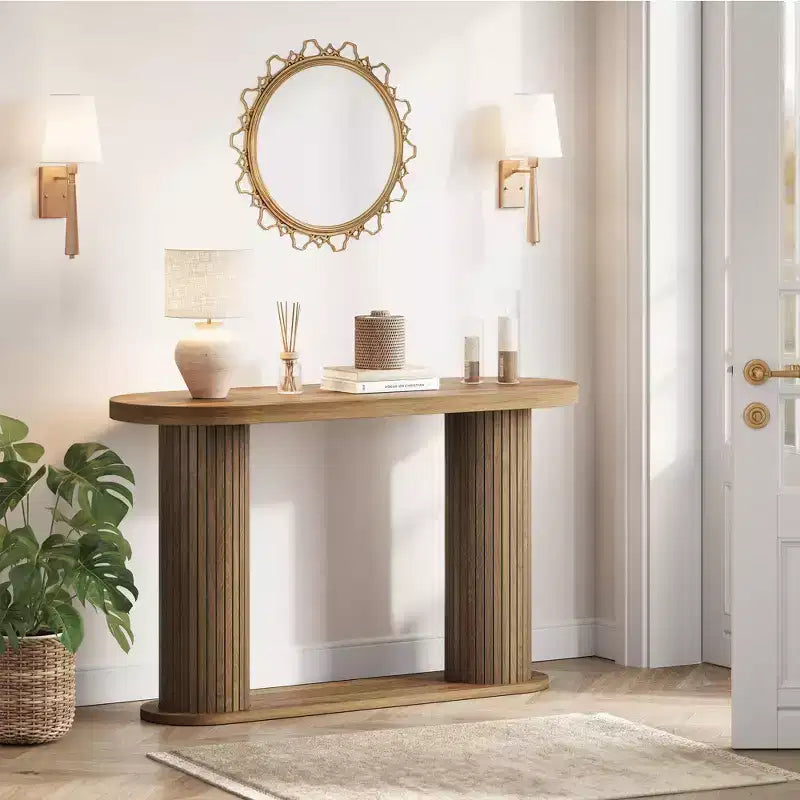 Oval Fluted Entryway Console Table, Modern Narrow Sofa Table Behind Couch with Storage Shelf, Wood Accent Hallway Table for Living Room