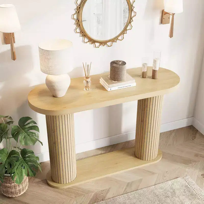 Oval Fluted Entryway Console Table, Modern Narrow Sofa Table Behind Couch with Storage Shelf, Wood Accent Hallway Table for Living Room