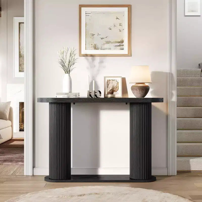 Oval Fluted Entryway Console Table, Modern Narrow Sofa Table Behind Couch with Storage Shelf, Wood Accent Hallway Table for Living Room