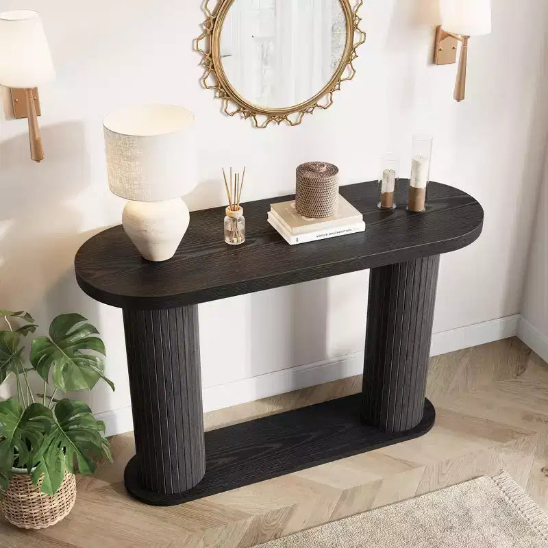 Oval Fluted Entryway Console Table, Modern Narrow Sofa Table Behind Couch with Storage Shelf, Wood Accent Hallway Table for Living Room