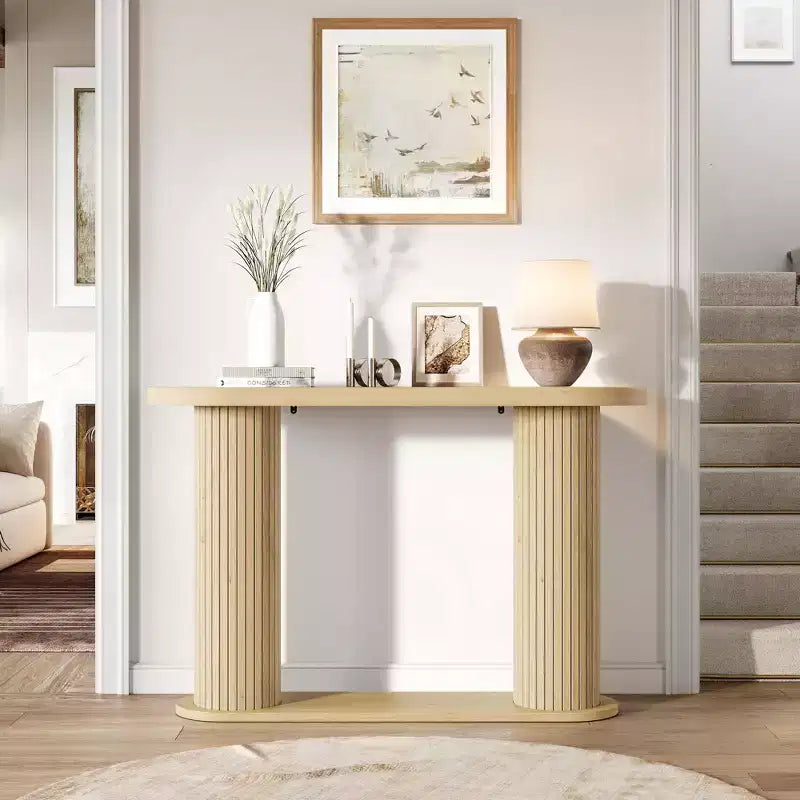 Oval Fluted Entryway Console Table, Modern Narrow Sofa Table Behind Couch with Storage Shelf, Wood Accent Hallway Table for Living Room