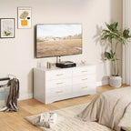 White TV Stand with Mount for 32-80 Inch TVs, 6 Drawer Wood Media Console & Entertainment Center with Height Adjustable Mount, Storage TV Dresser