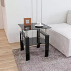 17.72 Black Tempered Glass Coffee Table, Square 2-Tier End Table with Metal Legs for Living Room Bedroom