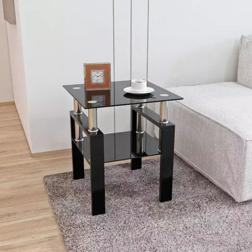 Table basse carrée en verre trempé noir de 17,72 po, table d'appoint à 2 niveaux avec pieds en métal pour salon et chambre