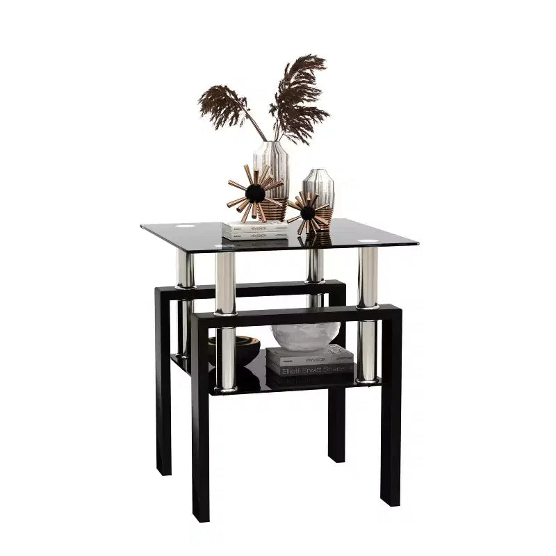 17.72 Black Tempered Glass Coffee Table, Square 2-Tier End Table with Metal Legs for Living Room Bedroom