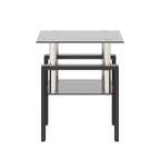 17.72 Black Tempered Glass Coffee Table, Square 2-Tier End Table with Metal Legs for Living Room Bedroom