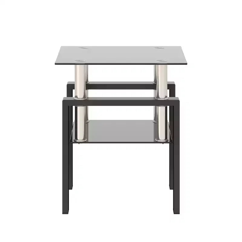 17.72 Black Tempered Glass Coffee Table, Square 2-Tier End Table with Metal Legs for Living Room Bedroom