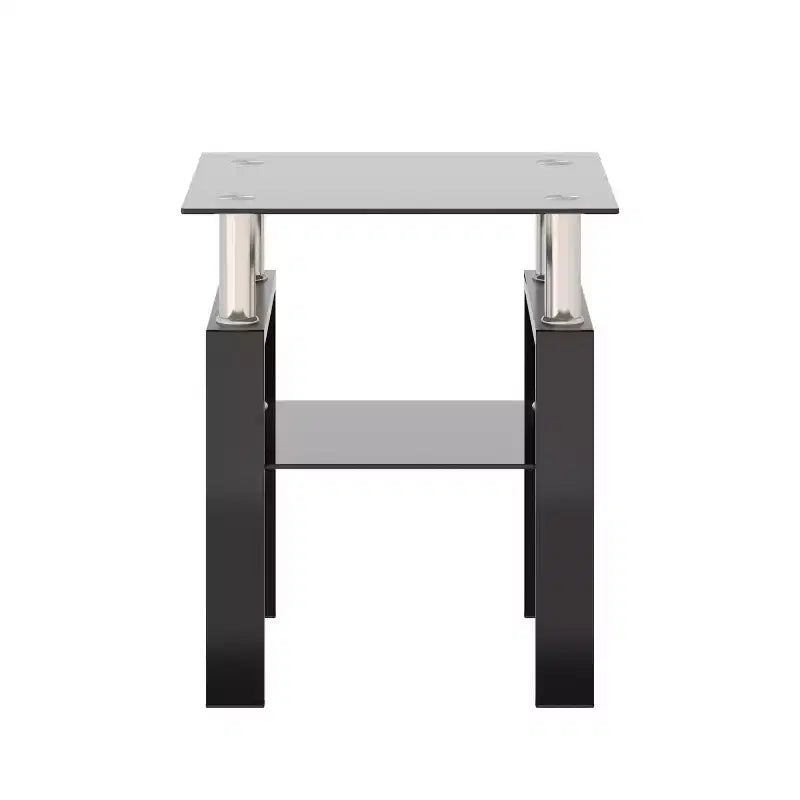 17.72 Black Tempered Glass Coffee Table, Square 2-Tier End Table with Metal Legs for Living Room Bedroom