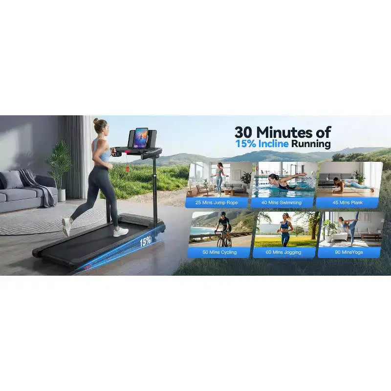 Tapis de Course YOUNGFIT 3,5 CV avec Poste de Travail et Hauteur Réglable, Capacité de 204 kg, Tapis de Marche Pliable Portable à Inclinaison de 15 % avec Barre de Maintien