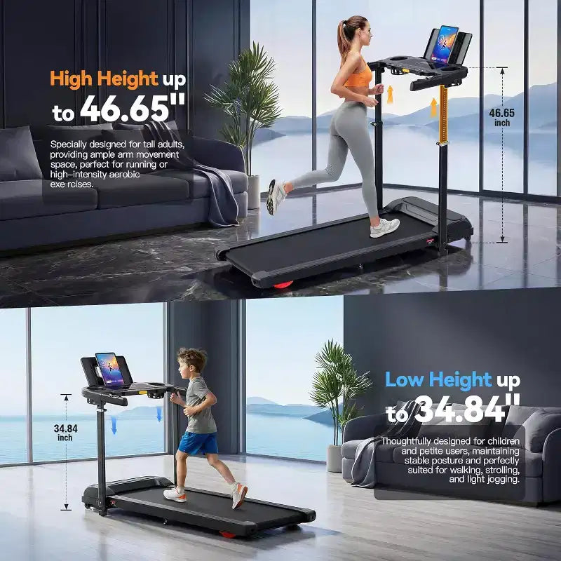 Tapis de Course YOUNGFIT 3,5 CV avec Poste de Travail et Hauteur Réglable, Capacité de 204 kg, Tapis de Marche Pliable Portable à Inclinaison de 15 % avec Barre de Maintien