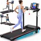 Tapis de Course YOUNGFIT 3,5 CV avec Poste de Travail et Hauteur Réglable, Capacité de 204 kg, Tapis de Marche Pliable Portable à Inclinaison de 15 % avec Barre de Maintien