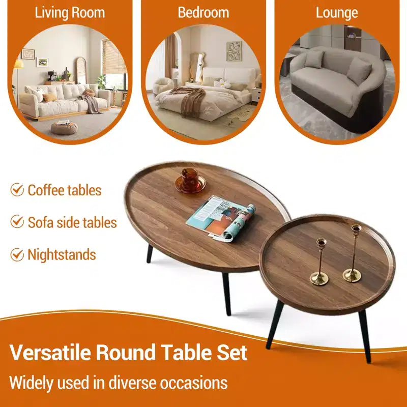 2-Piece Nesting Coffee Table Set, Modern Walnut Side Tables, Space-Saving End Tables for Living Room, Bedroom, Apartment