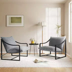 Modern Sling Accent Chair Set of 2, Grey Fabric Armchair with Cushioned Seat, Heavy Duty Metal Frame, Lounge Reading Chair for Living Room Bedroom