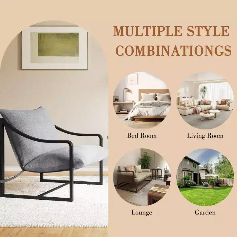 Ensemble de 2 fauteuils d'appoint modernes Sling, fauteuil en tissu gris avec assise rembourrée, cadre en métal robuste, fauteuil de lecture pour salon et chambre à coucher