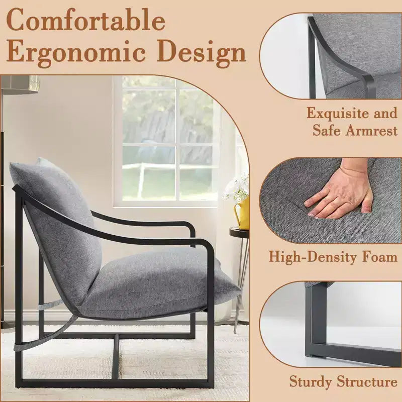 Ensemble de 2 fauteuils d'appoint modernes Sling, fauteuil en tissu gris avec assise rembourrée, cadre en métal robuste, fauteuil de lecture pour salon et chambre à coucher