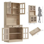 Meuble de cuisine de 72 po avec portes vitrées, tiroir et étagères réglables, Armoire de rangement haute de style rustique avec comptoir ouvert