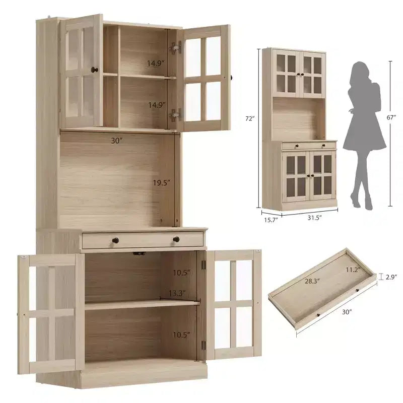 Meuble de cuisine de 72 po avec portes vitrées, tiroir et étagères réglables, Armoire de rangement haute de style rustique avec comptoir ouvert