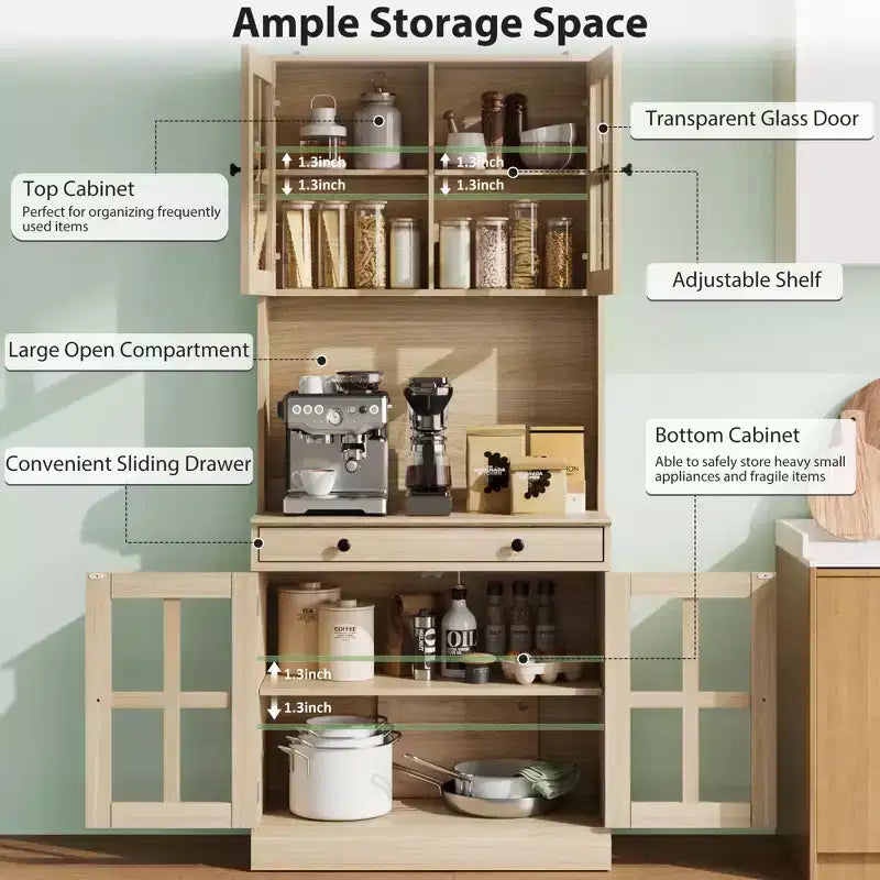Meuble de cuisine de 72 po avec portes vitrées, tiroir et étagères réglables, Armoire de rangement haute de style rustique avec comptoir ouvert