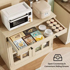 Meuble de cuisine de 72 po avec portes vitrées, tiroir et étagères réglables, Armoire de rangement haute de style rustique avec comptoir ouvert