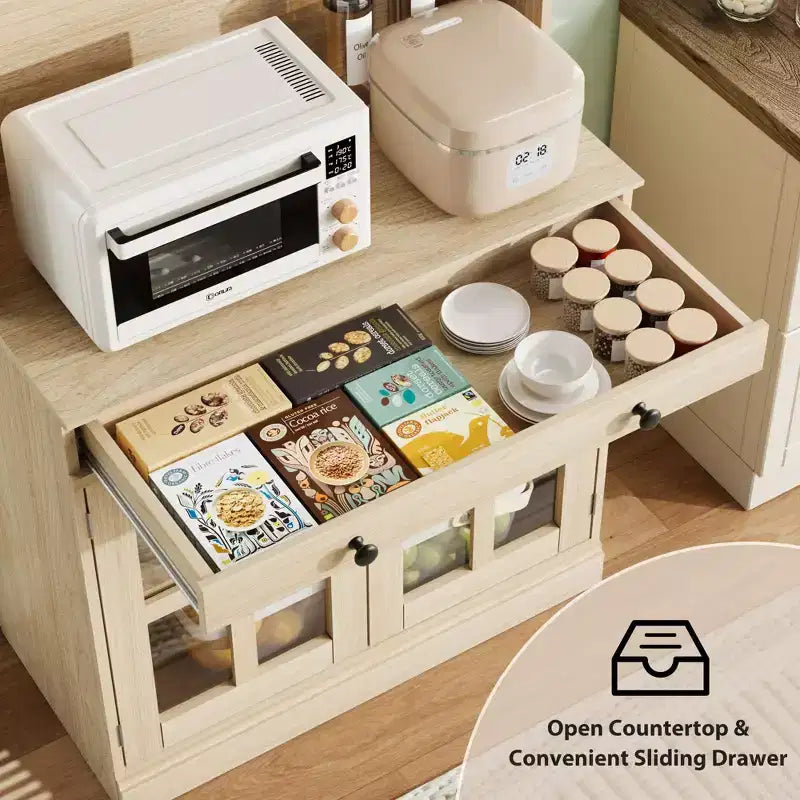 Meuble de cuisine de 72 po avec portes vitrées, tiroir et étagères réglables, Armoire de rangement haute de style rustique avec comptoir ouvert
