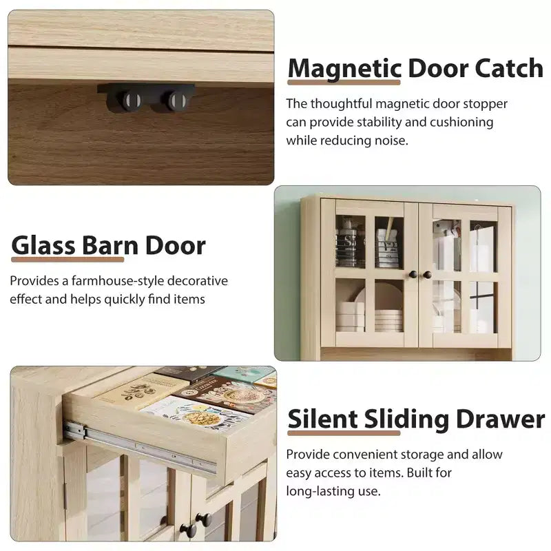 Meuble de cuisine de 72 po avec portes vitrées, tiroir et étagères réglables, Armoire de rangement haute de style rustique avec comptoir ouvert