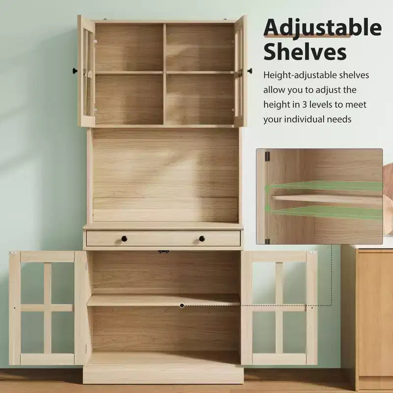 Meuble de cuisine de 72 po avec portes vitrées, tiroir et étagères réglables, Armoire de rangement haute de style rustique avec comptoir ouvert