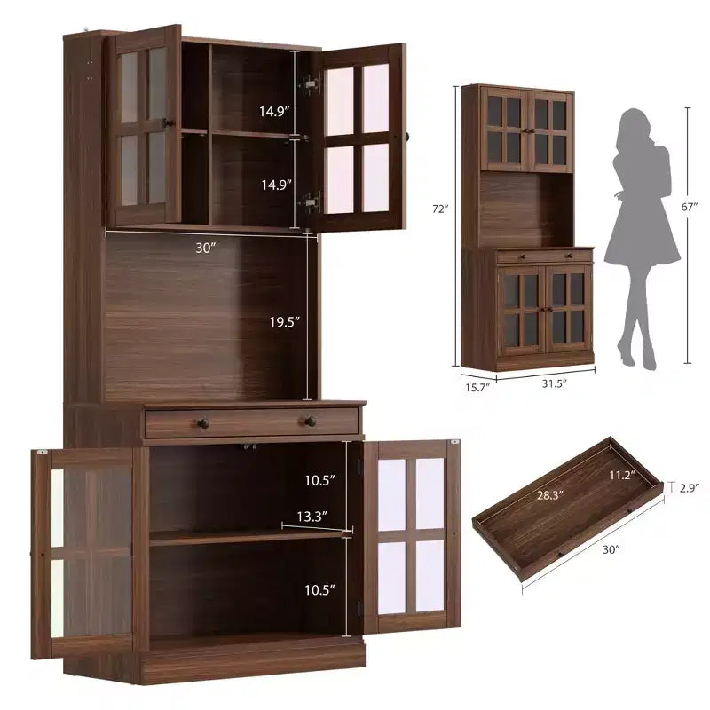Meuble de cuisine de 72 po avec portes vitrées, tiroir et étagères réglables, Armoire de rangement haute de style rustique avec comptoir ouvert