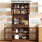 Meuble de cuisine de 72 po avec portes vitrées, tiroir et étagères réglables, Armoire de rangement haute de style rustique avec comptoir ouvert
