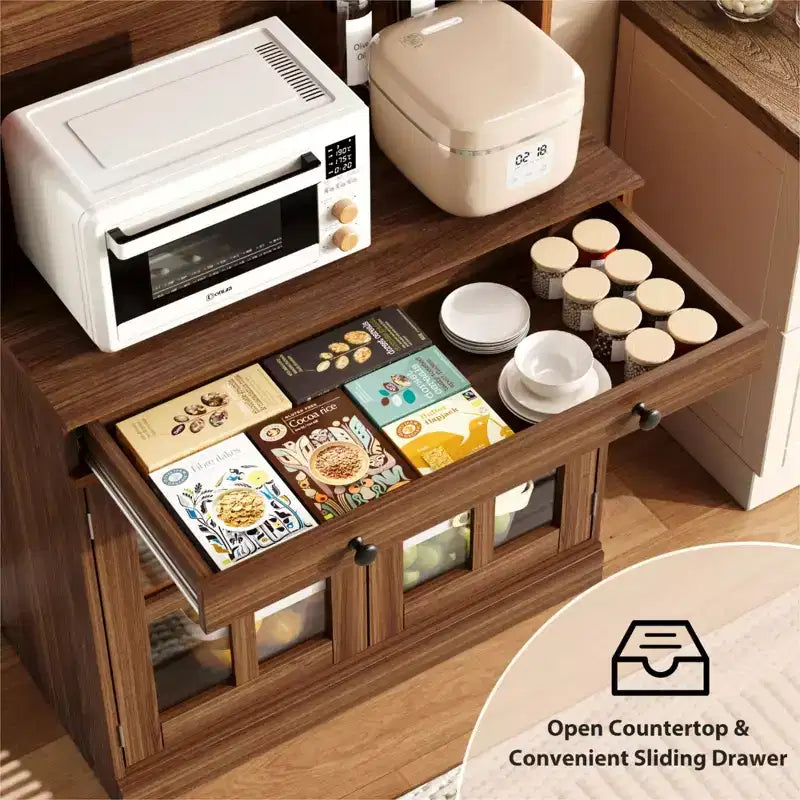 Meuble de cuisine de 72 po avec portes vitrées, tiroir et étagères réglables, Armoire de rangement haute de style rustique avec comptoir ouvert