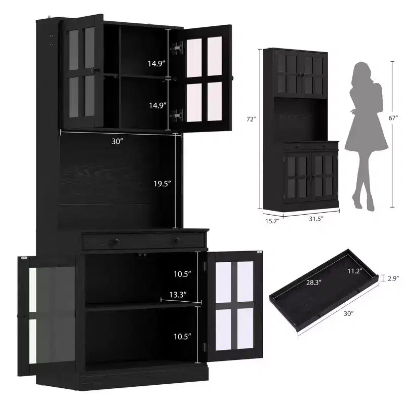 Meuble de cuisine de 72 po avec portes vitrées, tiroir et étagères réglables, Armoire de rangement haute de style rustique avec comptoir ouvert