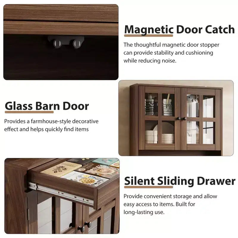 Meuble de cuisine de 72 po avec portes vitrées, tiroir et étagères réglables, Armoire de rangement haute de style rustique avec comptoir ouvert